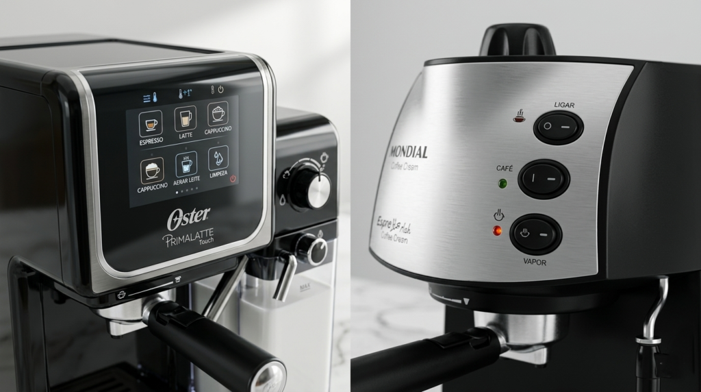 Close up Comparativo de painéis entre a Cafeteira Oster PrimaLatte Touch com painel touch screen e Mondial Coffee Cream C-08 com botões físicos e robustos, fotografada sobre bancada de mármore branco em 
estúdio com iluminação profissional.
