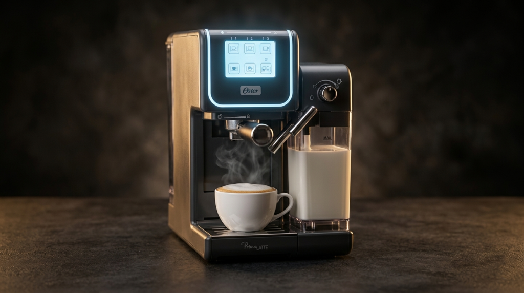 Cafeteira Oster PrimaLatte Touch com painel touch screen iluminado 
e xícara de cappuccino à frente, em fotografia de produto com 
iluminação dramática de estúdio.