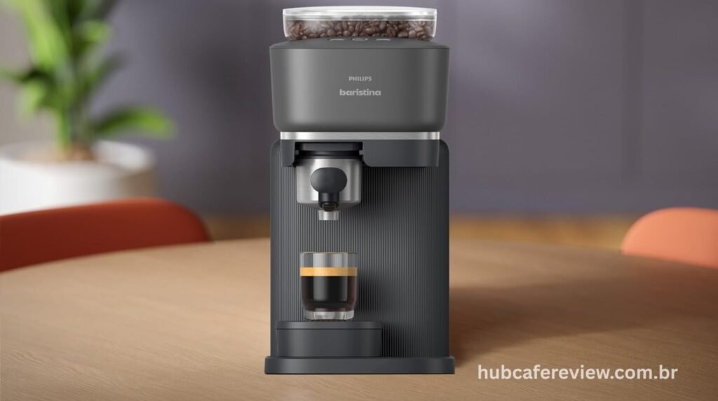 Philips Baristina cafeteira 
espresso compacta com vaporizador de leite 
em fundo branco