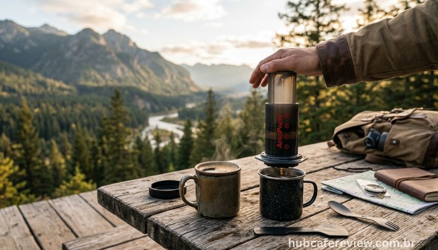 Aeropress Go cafeteira manual compacta 
e portátil sobre mesa de madeira 
em ambiente externo ao ar livre