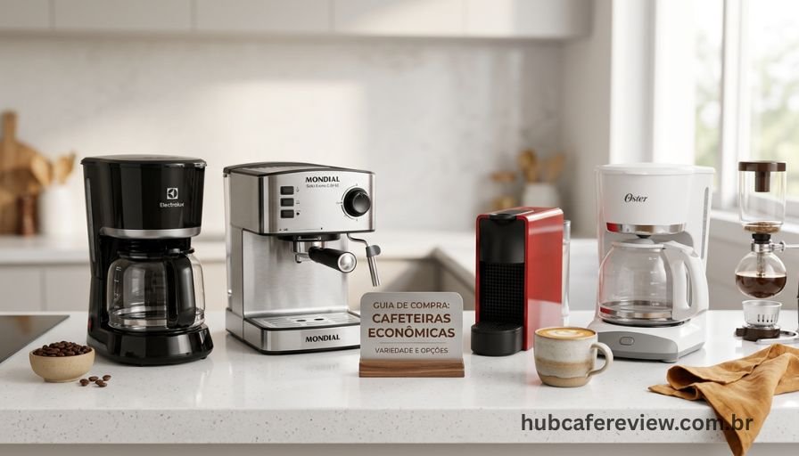 Composição com 10 modelos de cafeteiras baratas em diferentes estilos sobre superfície neutra