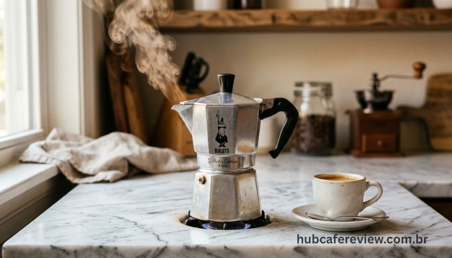 Cafeteira italiana Bialetti Moka Express 
de alumínio com vapor saindo pelo bico 
e xícara de espresso ao lado