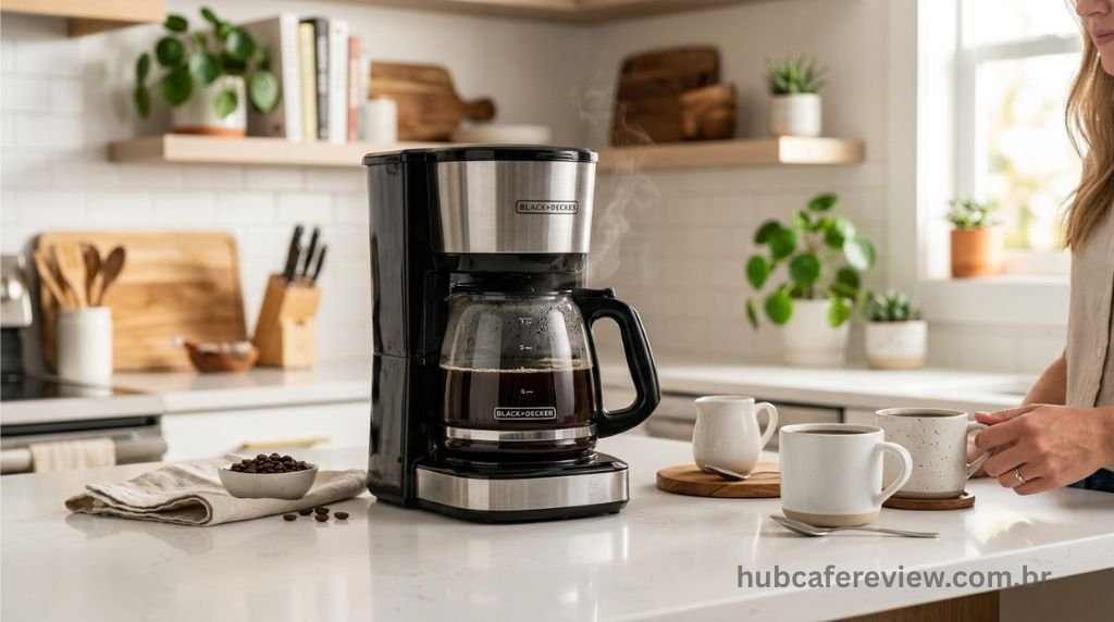 Cafeteira BLACK+DECKER CM1160B sobre bancada de cozinha com jarro cheio de café