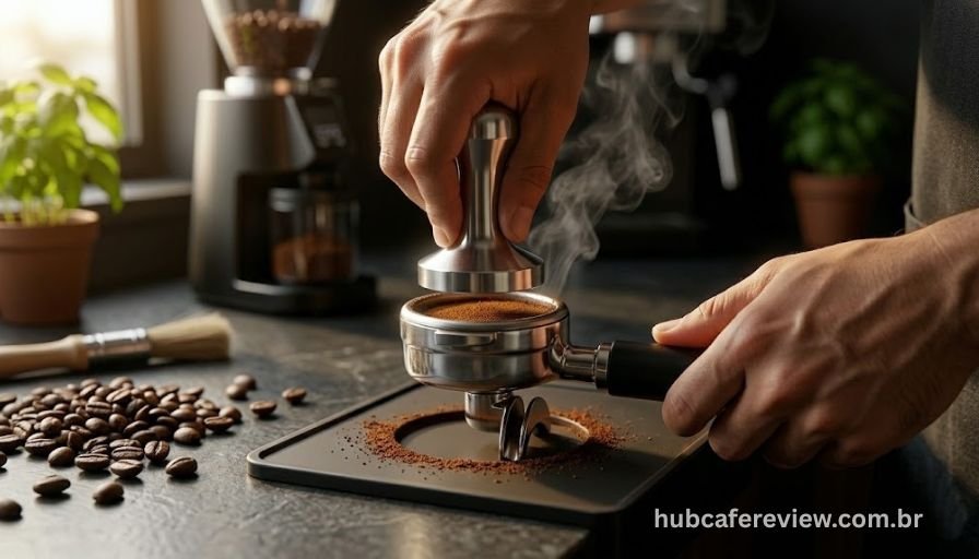 Mãos realizando tampagem profissional com tamper de 54mm no porta-filtro da Breville Barista Touch BES880BSS