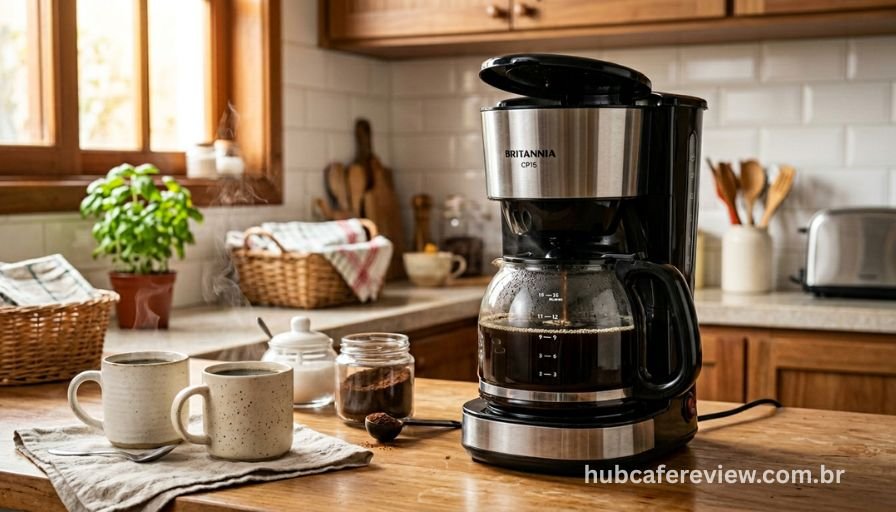 Cafeteira Britânia CP15 com jarro cheio de café sobre bancada