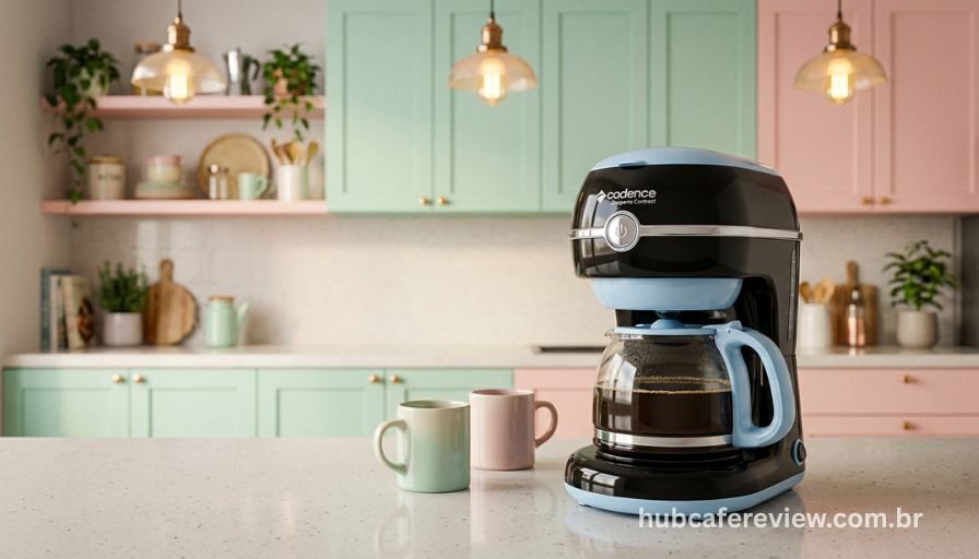 Cafeteira Cadence Desperta Contrast com design retrô sobre bancada moderna