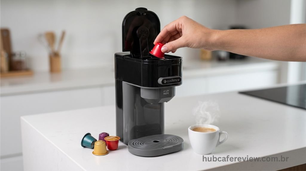 Cafeteira Cadence Single Up compacta com cápsula de café sendo inserida