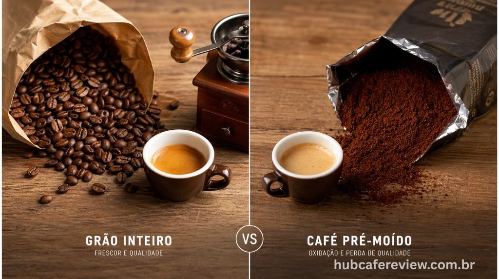 Comparativo entre café em grão com moedor manual e crema 
densa à esquerda versus café pré-moído em embalagem aberta 
com crema mais fina à direita, mostrando a diferença 
de frescor e qualidade de extração.