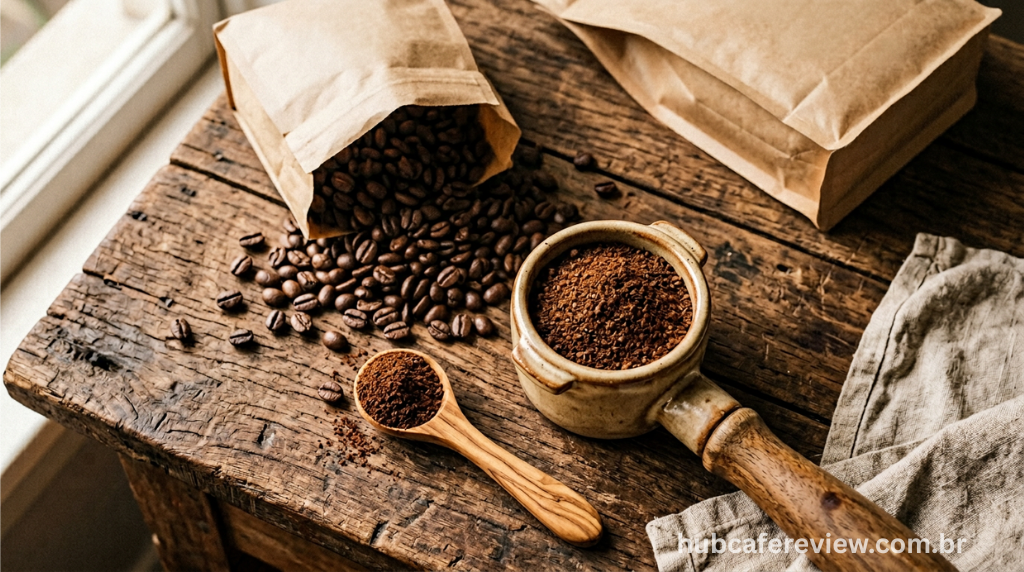 Flat lay com grãos de café torrado, café moído em porta-filtro, 
colher dosadora e embalagem de café sobre superfície rústica 
de madeira, em atmosfera artesanal com luz natural lateral.
