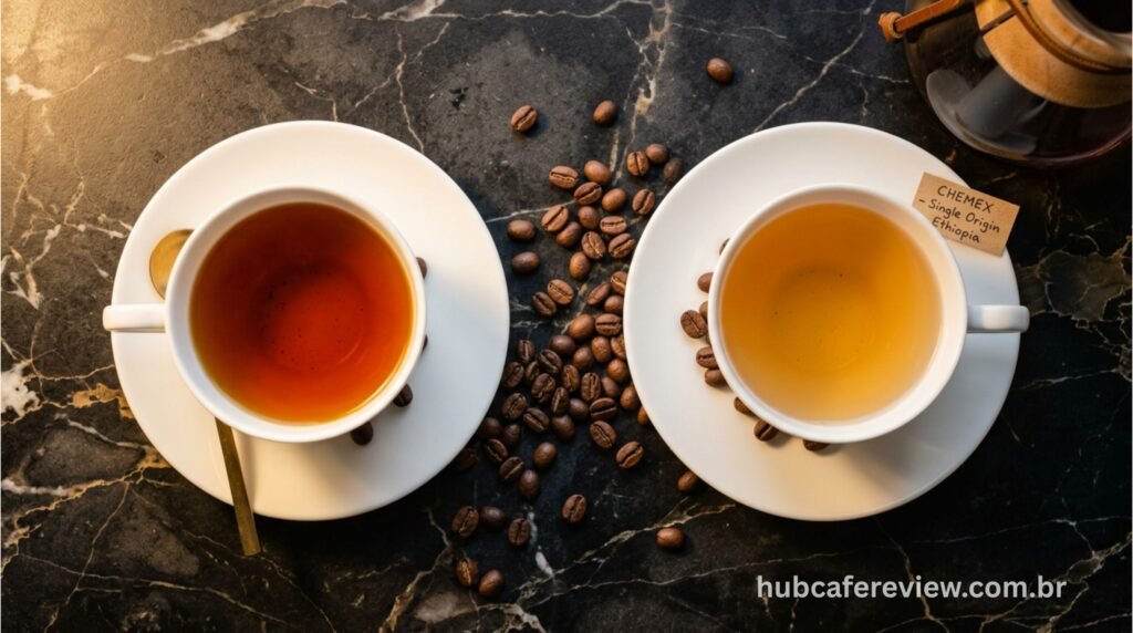 Dois cafés coados lado a lado em xícaras comparando a aparência mais brilhante do V60 versus a mais clara e suave da Chemex