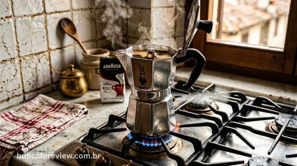 Cafeteira italiana em aço inoxidável sobre fogão com café sendo preparado