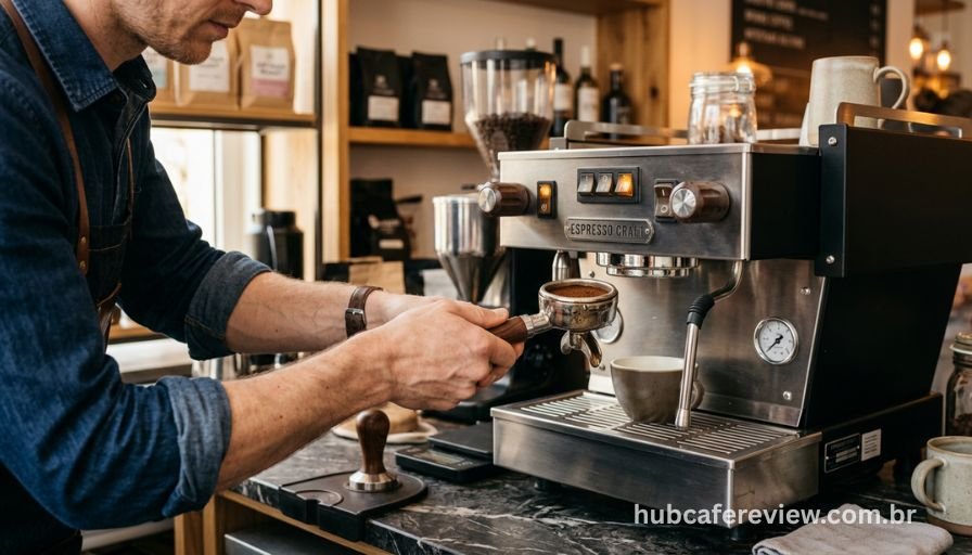 Barista encaixando o porta-filtro em uma cafeteira espresso semiautomática de aço inox para preparar um espresso artesanal.