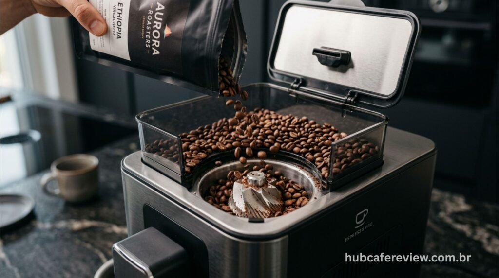 Detalhe interno de uma cafeteira superautomática mostrando o moedor de grãos integrado e o sistema automático de preparo do espresso.