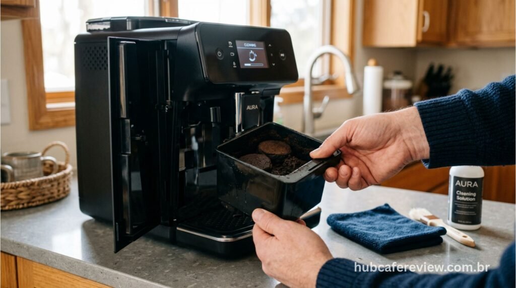 Pessoa realizando a limpeza e manutenção de uma cafeteira superautomática removendo o compartimento interno para higienização.