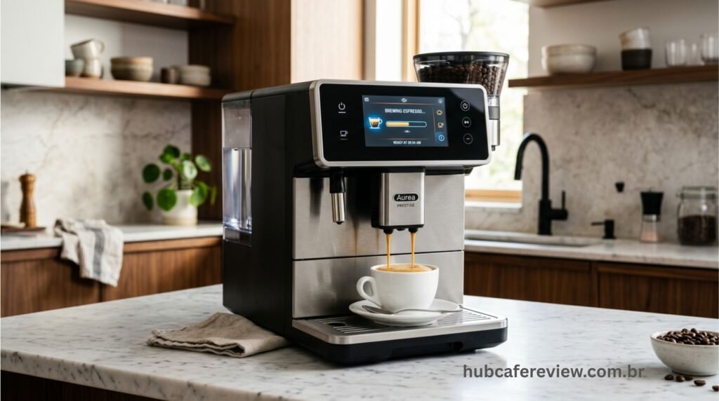 Cafeteira superautomática moderna e sofisticada sobre uma bancada de mármore em uma cozinha elegante preparando um espresso com crema dourada automaticamente.