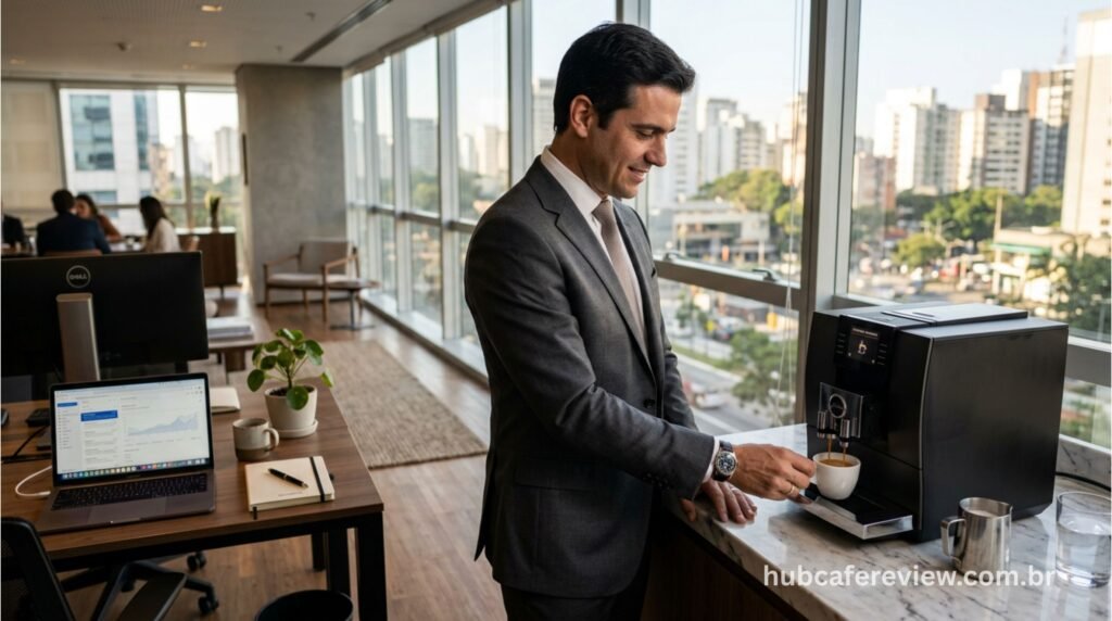 Executivo bem vestido preparando um espresso com uma cafeteira superautomática em um escritório moderno e sofisticado durante a manhã.