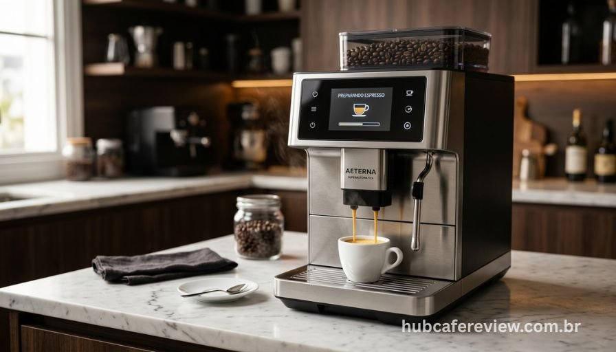 Cafeteira superautomática moderna preparando automaticamente um espresso com display digital iluminado e grãos de café no reservatório superior visíveis.