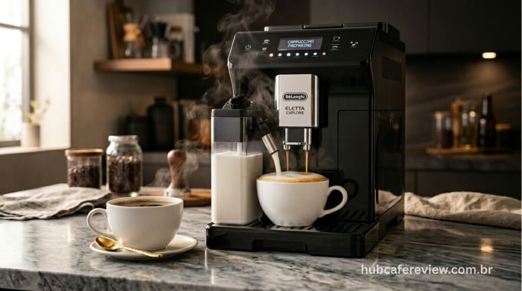 Cafeteira superautomática preparando automaticamente um cappuccino com espuma cremosa em uma xícara grande sobre uma bancada de mármore.
