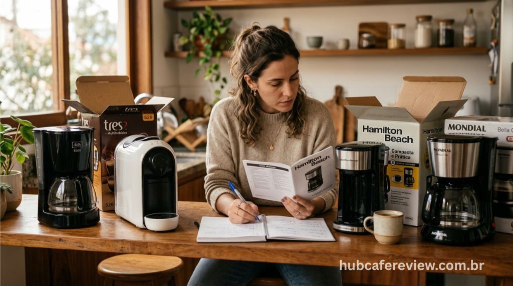 Pessoa comparando diferentes modelos de cafeteiras baratas em uma cozinha, estudando qual comprar