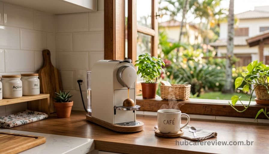 Cafeteira pequena e compacta em bancada de 
cozinha organizada com xícara de café ao lado