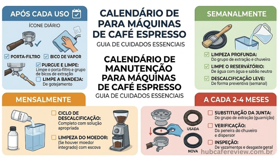 Infográfico de calendário de manutenção para cafeteira espresso 
dividido em quatro frequências: após cada uso, semanal, mensal 
e a cada 2-4 meses, com ícones e código de cores para cada tarefa.