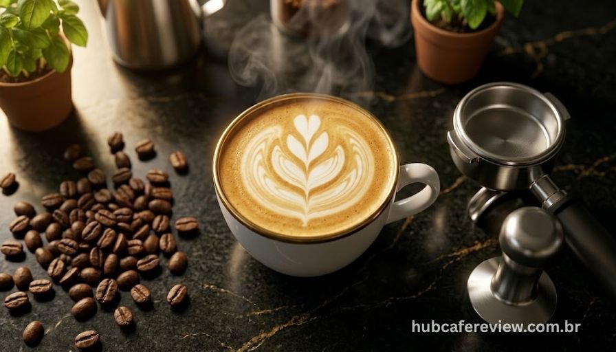 Cappuccino com latte art profissional em xícara de porcelana premium sobre mármore escuro representando resultado de cafeteira de alto padrão
