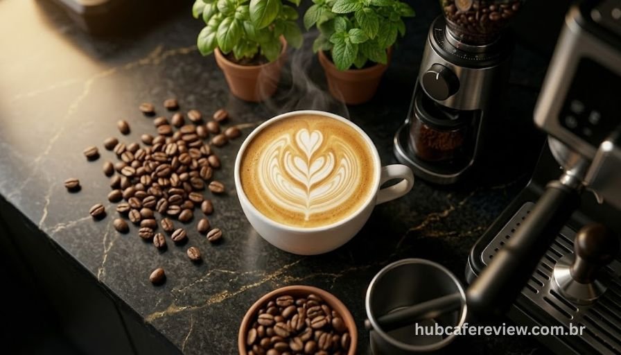 Cappuccino premium com latte art preparado por cafeteira de alta qualidade em xícara de porcelana sobre mármore escuro