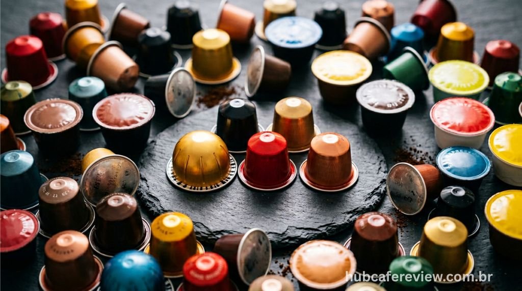 Variedade de cápsulas de café de diferentes sistemas e 
sabores dispostas em flat lay sobre superfície de ardósia 
escura, com iluminação direcional suave destacando as 
formas e cores de cada cápsula.