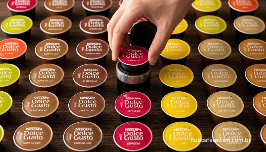 Cápsulas do sistema Dolce Gusto em diferentes sabores dispostas 
sobre superfície de madeira escura, com uma cápsula sendo inserida 
no adaptador de uma cafeteira espresso compatível.
