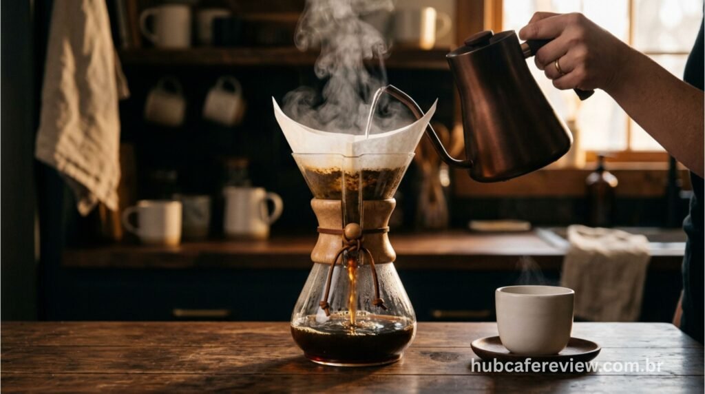 Despejo elegante e controlado em Chemex durante a preparação do café em seu icônico formato de vidro