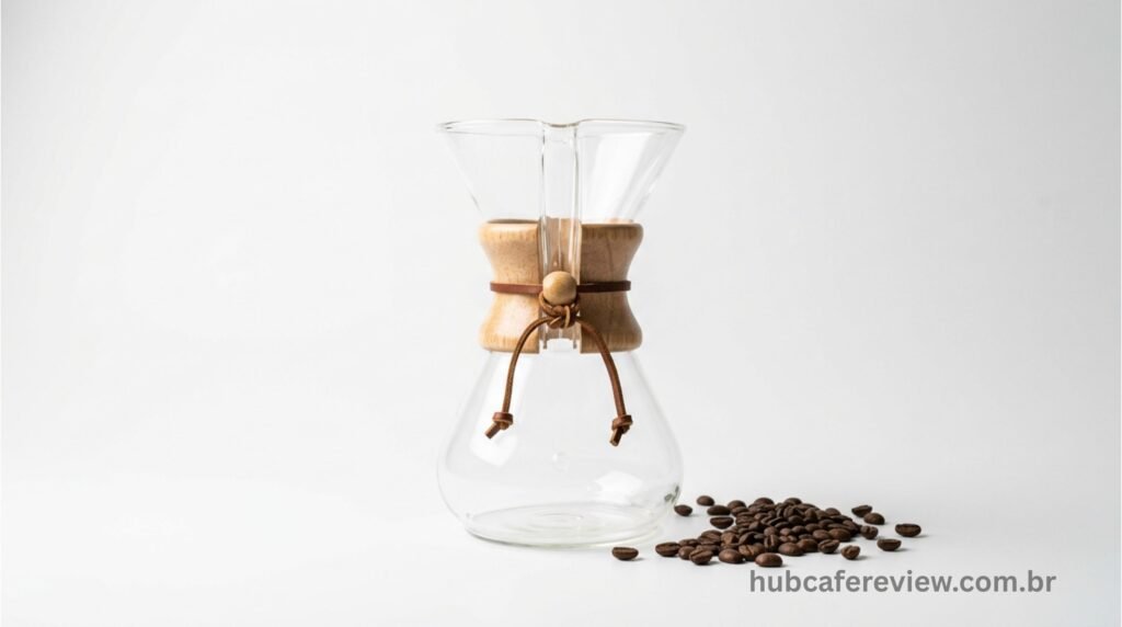 Chemex em vidro como objeto de arte e design funcional sobre superfície elegante iluminada por luz natural