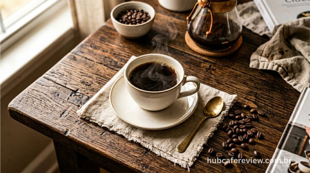 Xícara de café perfeito preparado por método de coado manual em ambiente doméstico elegante