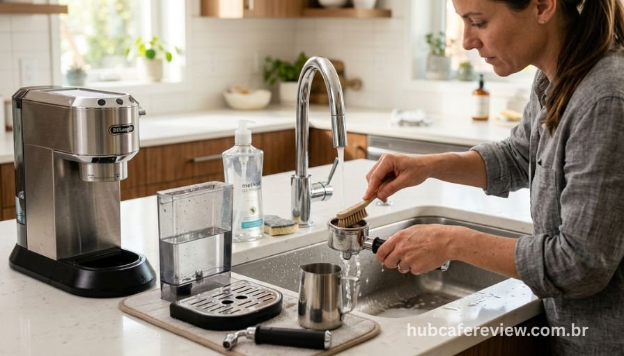 Pessoa lavando e limpando peças removíveis 
de cafeteira compacta na pia de cozinha moderna