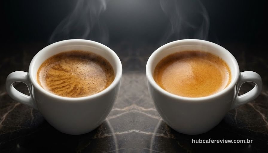 Duas xícaras idênticas de espresso lado a lado, representando 
o resultado de extração da Oster PrimaLatte Touch à esquerda 
e da Mondial C-08 à direita, ambas com crema dourada e 
qualidade visual comparável.