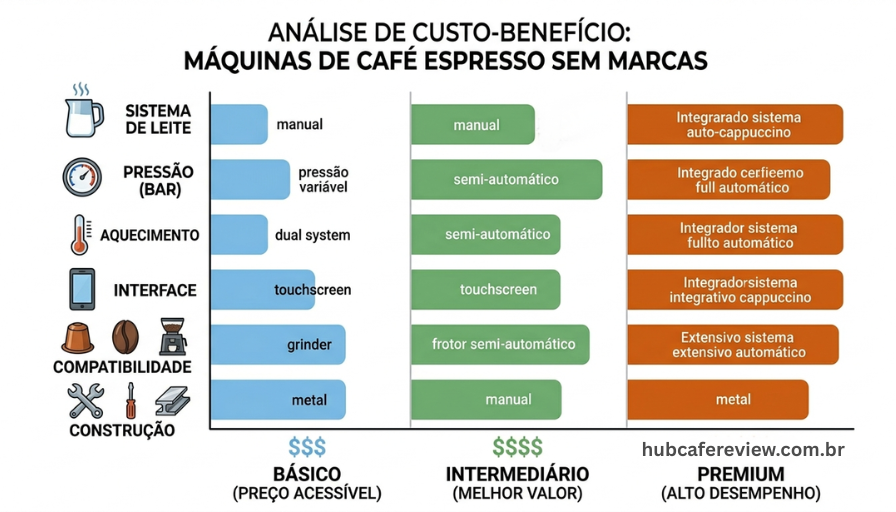 Infográfico de análise de custo-benefício comparando três 
faixas de preço de cafeteiras espresso domésticas, com gráfico 
de barras mostrando a disponibilidade de recursos por segmento.