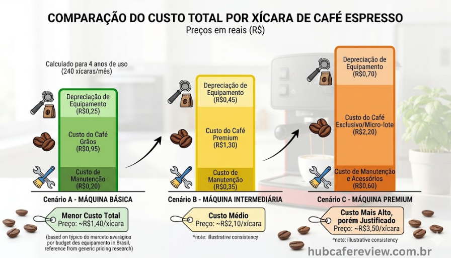Infográfico com três barras verticais comparando 
o custo total por xícara de espresso para cada 
modelo: Mondial C-08 (R$ 1,46), DeLonghi EC235 
(R$ 2,63) e Oster PrimaLatte Touch (R$ 2,19), 
com segmentos de custo coloridos.