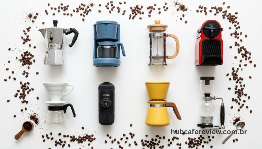 Flat lay com vários modelos de cafeteiras 
compactas de diferentes estilos e cores 
para comparativo