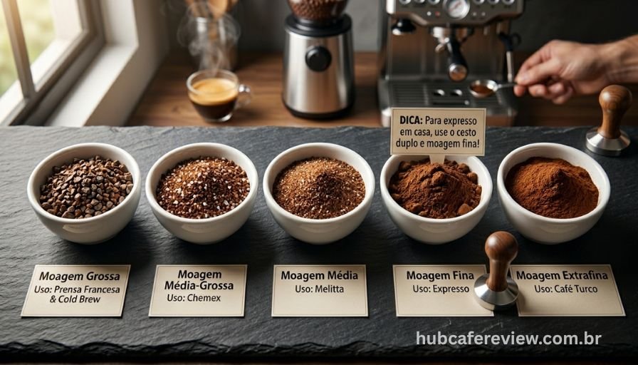 Comparativo fotográfico de cinco granulometrias de café 
em bowls brancos sobre ardósia escura, mostrando a 
progressão de moagem grossa a extra fina com identificação 
de cada tipo e seu uso adequado.