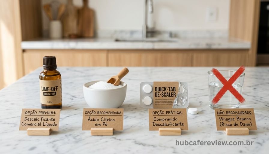 Comparativo de produtos descalcificantes para cafeteira 
espresso em flat lay: descalcificante comercial, ácido 
cítrico em pó, pastilha descalcificante e vinagre branco 
com indicação de não recomendado.