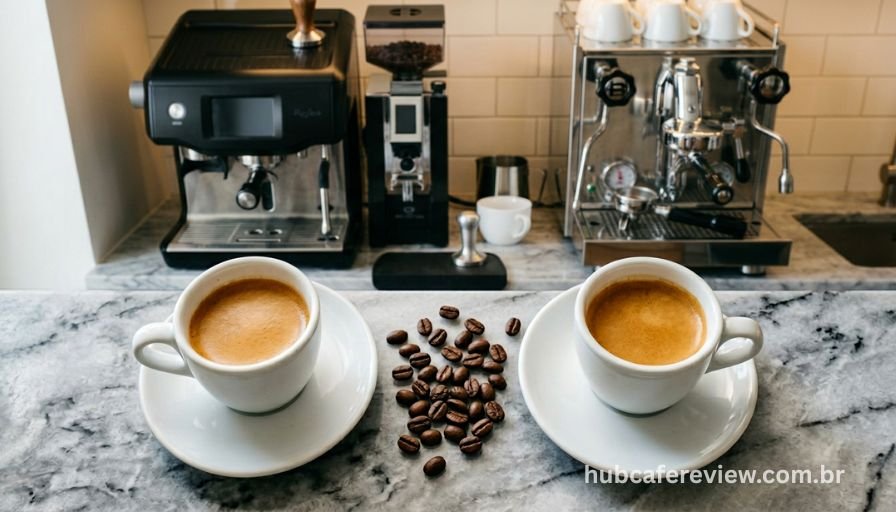 Duas xícaras de espresso com crema dourada densa posicionadas lado a lado representando os resultados de uma cafeteira superautomática e de uma semiautomática.