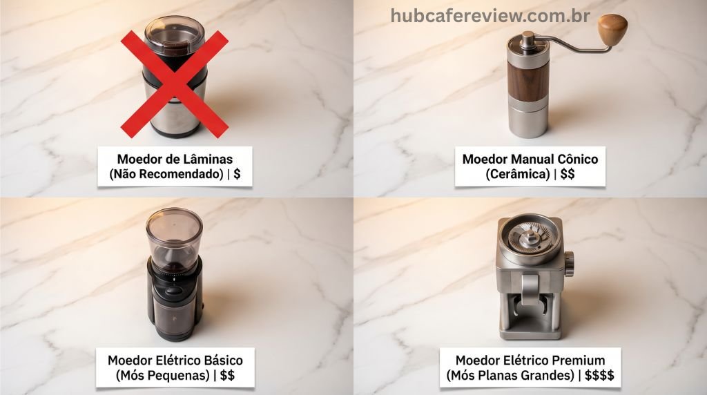 Comparativo de quatro tipos de moedores de café em flat lay: 
moedor de lâmina (não recomendado), moedor manual com rebarbas 
cônicas, moedor elétrico de entrada com rebarbas e moedor 
elétrico intermediário premium.