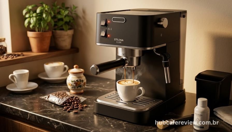 Cafeteira DeLonghi EC235 com design slim e elegante 
em aço inoxidável e preto sobre mármore escuro, 
destacando sua largura compacta de 15cm e o vaporizador 
pannarello ajustável, com xícara de espresso ao lado.