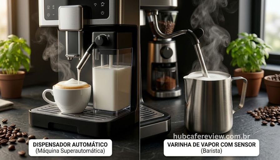 	
Sistema LatteCrema automático da DeLonghi e sistema com sensor de temperatura da Breville criando microespuma para cappuccino