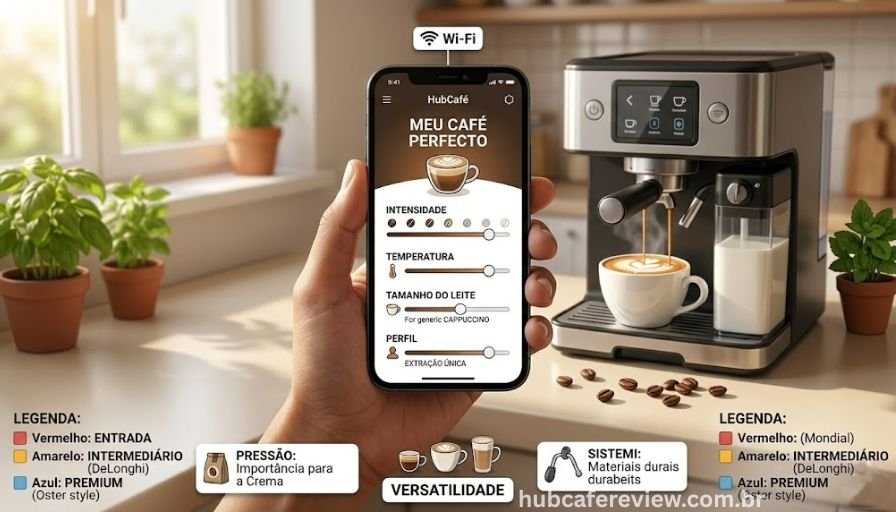 	
Smartphone exibindo o aplicativo DeLonghi Coffee Link com controles de personalização de bebidas e conectividade Wi-Fi da Magnifica Evo Next