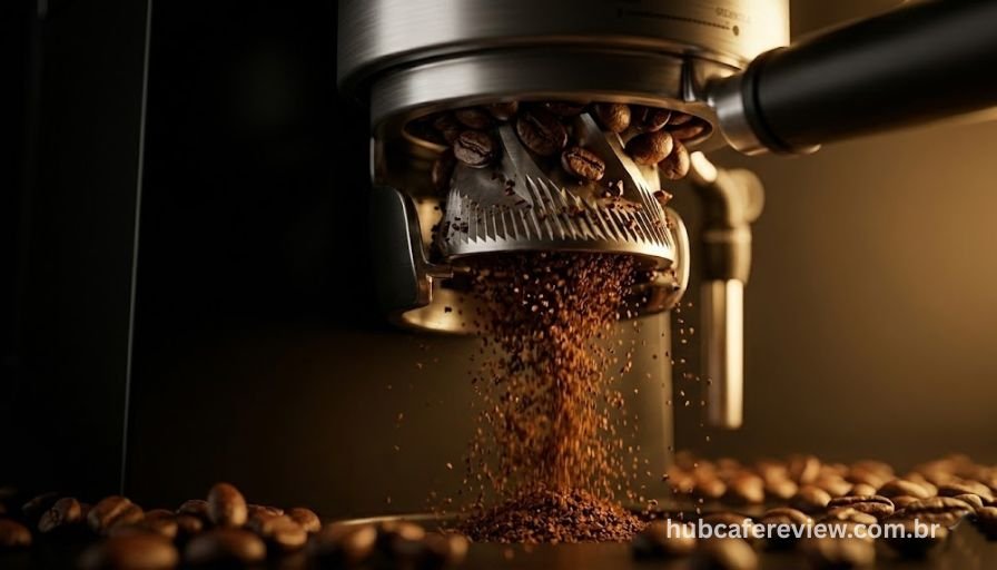 Moedores cônicos integrados das duas cafeteiras premium com grãos sendo moídos para espresso