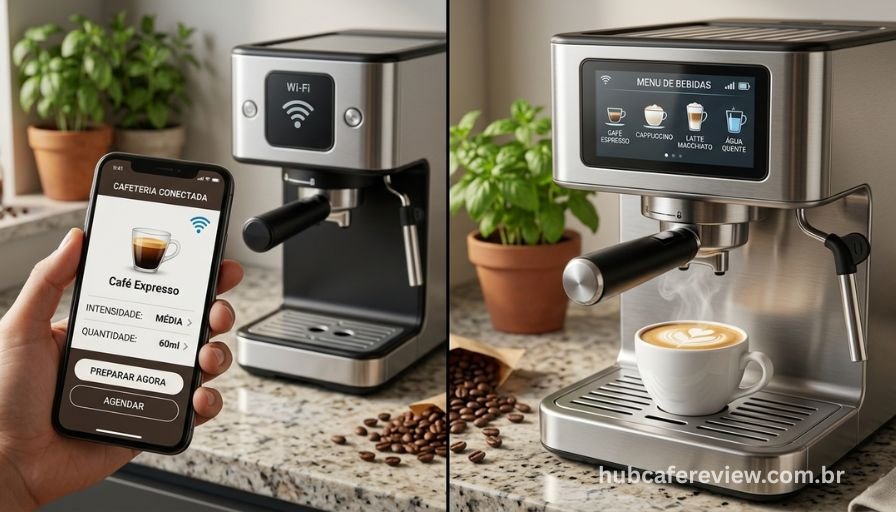 	
Comparativo das telas touchscreen da DeLonghi Magnifica Evo Next com app Wi-Fi e da Breville Barista Touch com display de 3,5 polegadas