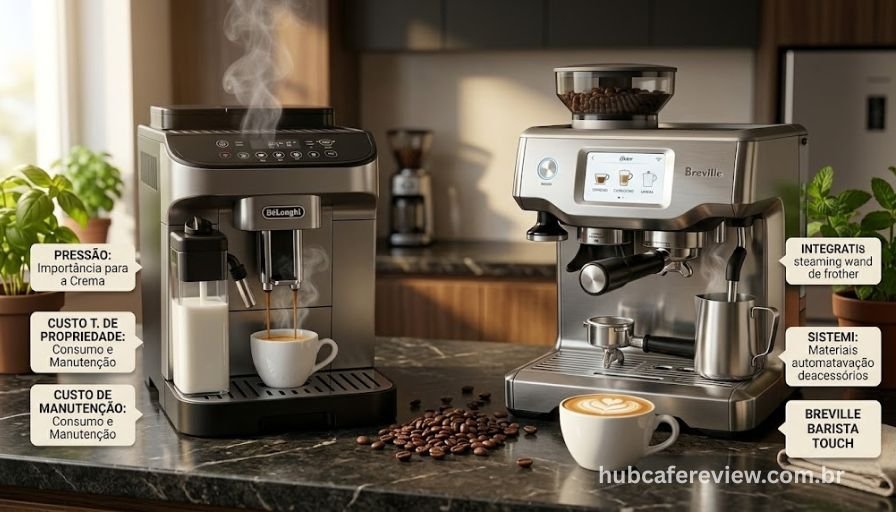 DeLonghi Magnifica Evo Next e Breville Barista Touch BES880BSS lado a lado em comparativo de cafeteiras premium