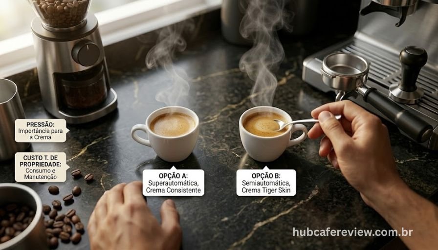 Pessoa comparando dois espressos premium lado a lado representando as dúvidas mais frequentes sobre DeLonghi Magnifica Evo Next e Breville Barista Touch BES880BSS