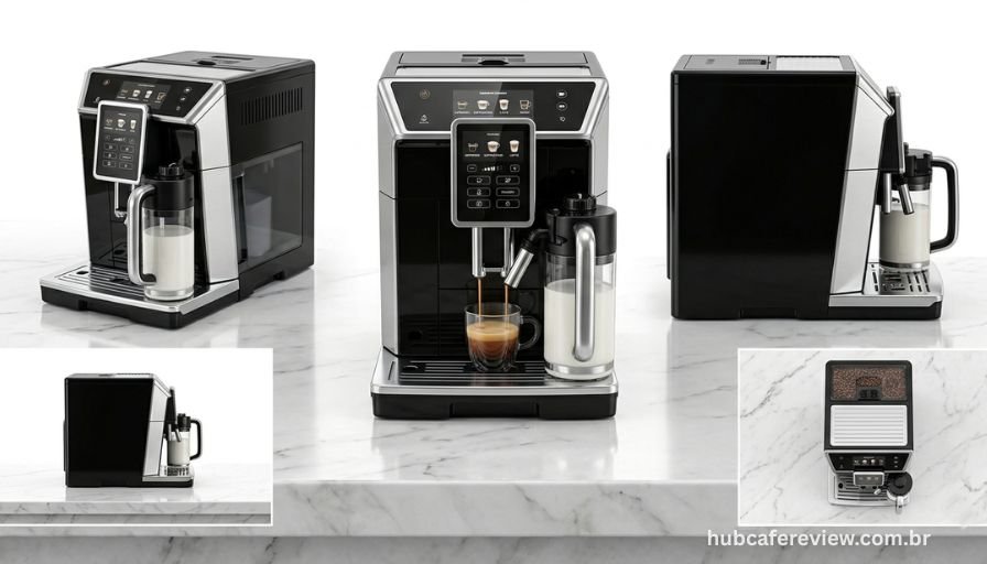 Detalhes de design e acabamento da Oster PrimaLatte Touch, 
mostrando o painel touch screen, o recipiente de leite removível 
e o acabamento brilhante preto e prata em múltiplos ângulos.