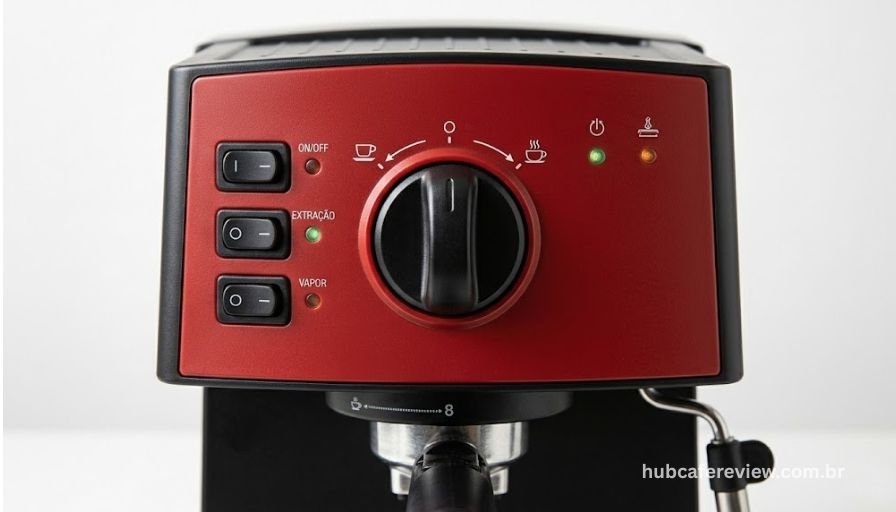 Detalhe do painel frontal da Mondial C-08 com seletor rotativo 
central, botões mecânicos e indicadores luminosos em acabamento 
plástico vermelho e preto.